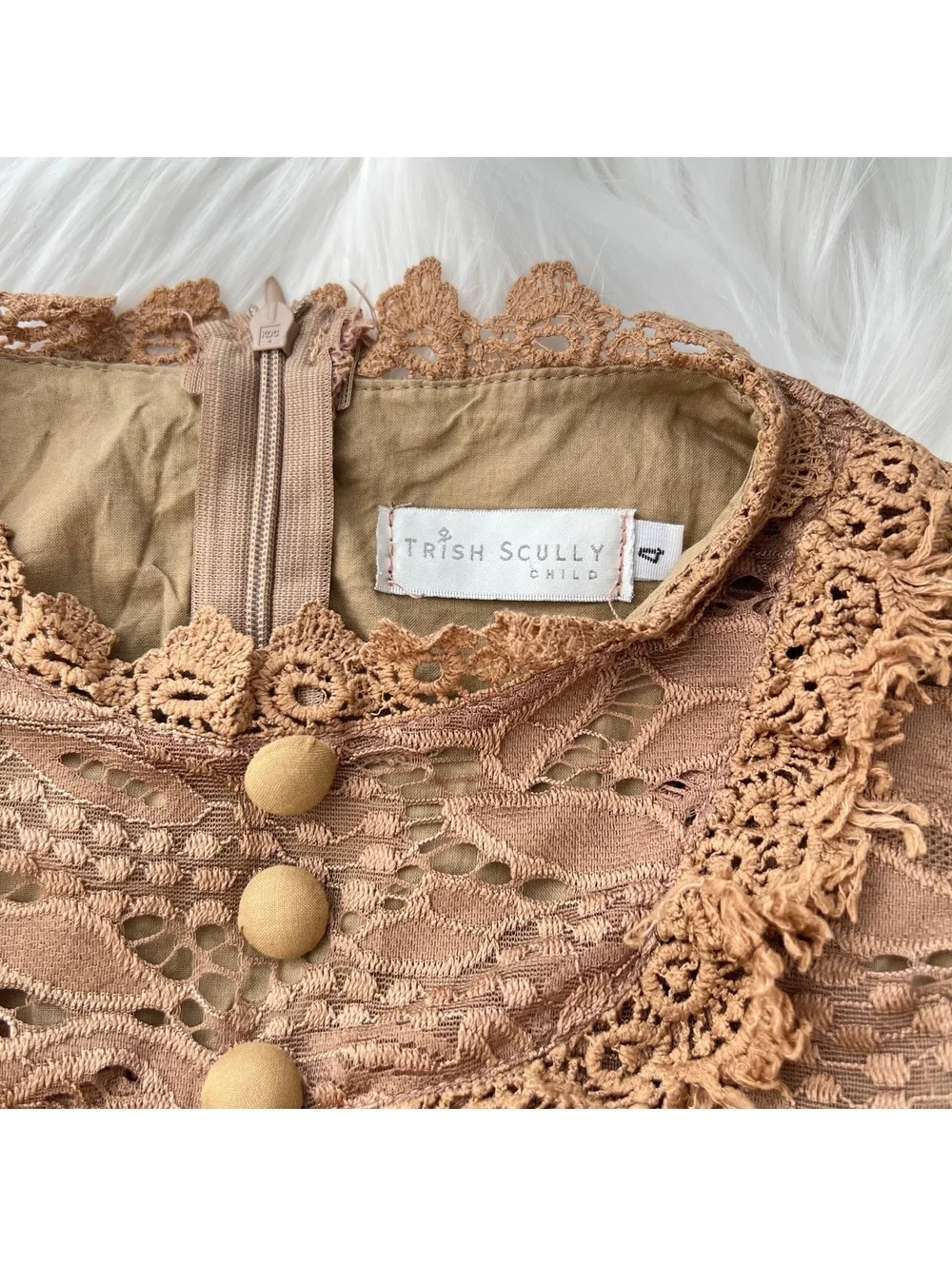 Trish Scully Child Girls Tan Crochet Lace Boho Hi-Low Dress Size 4